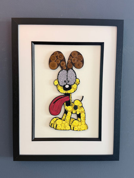 Framed artwork of Garfield's Odi in a black frame, with a white moubt, on a blue wall